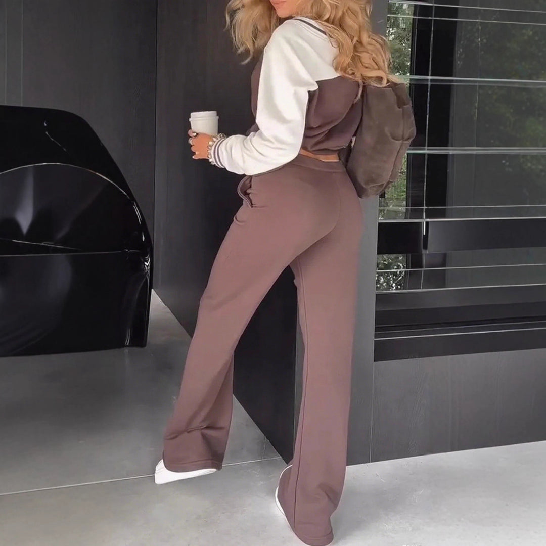 Damen nan sportlich-elegantes Zweiteiler-Set aus Baumwollmix mit V-Ausschnitt Sweatpullover und hochgeschnittener Schlaghose Drune