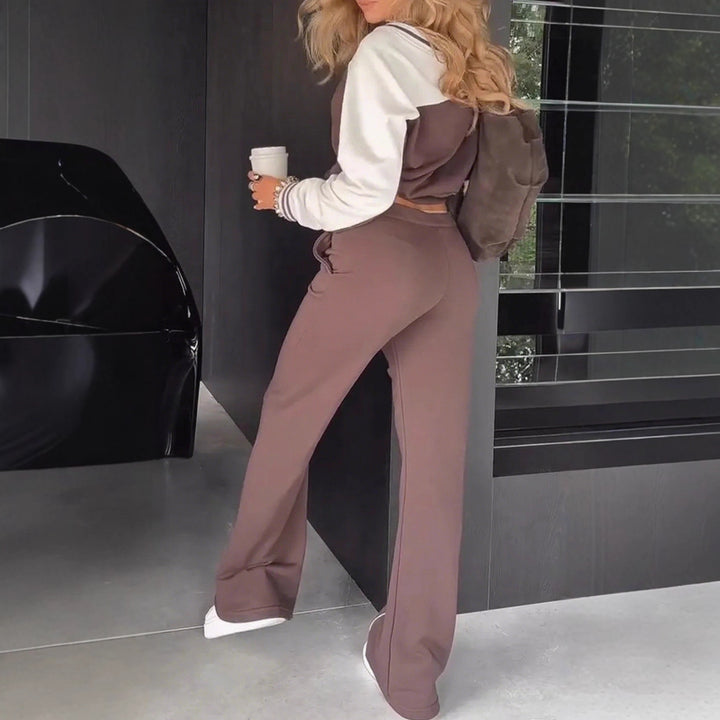 Damen nan sportlich-elegantes Zweiteiler-Set aus Baumwollmix mit V-Ausschnitt Sweatpullover und hochgeschnittener Schlaghose Drune