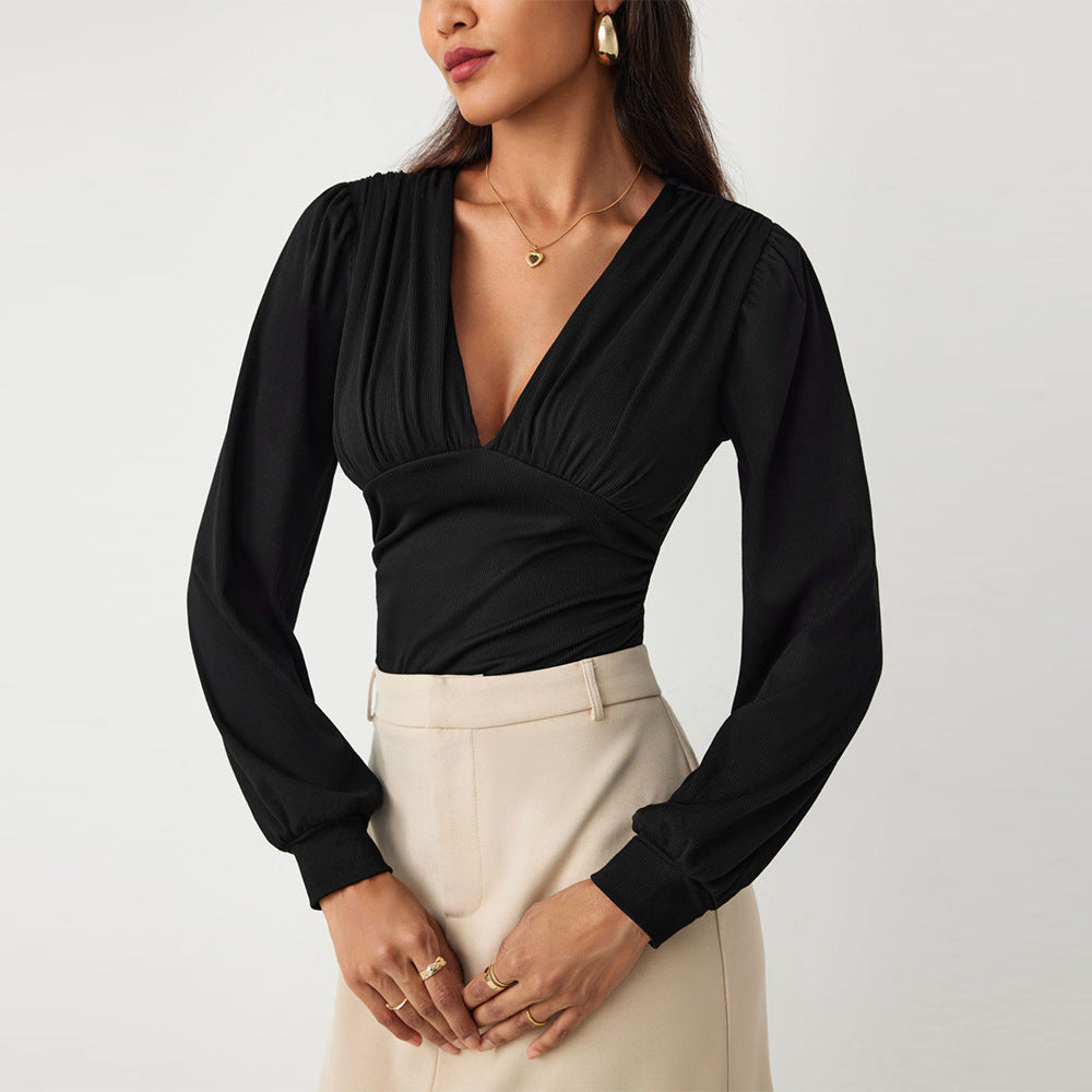 Damen Bodysuit mit eleganten Puffärmeln und tiefem V-Ausschnitt Drune