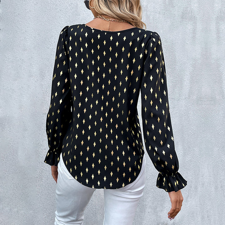 Damen Satinbluse mit Rautendruck, U-Boot-Ausschnitt und gerafften Manschetten Drune