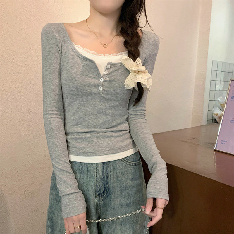Damen Langarmshirt mit modischem Knopfverschluss und Schleifendetail Drune