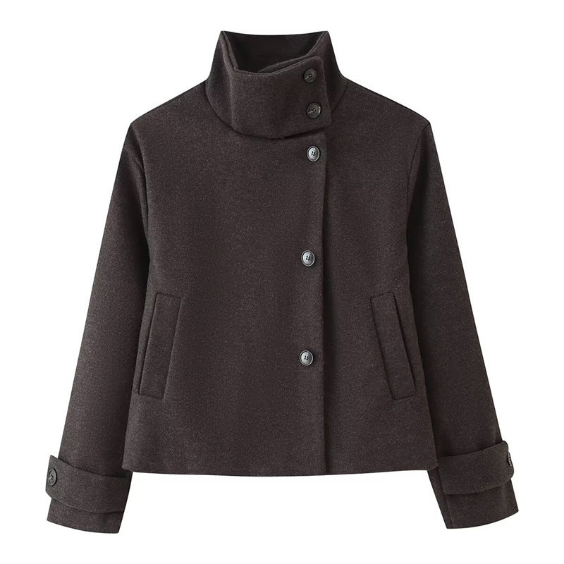 Damen kurze Boxy-Wolljacke mit Stehkragen und Manschetten Drune