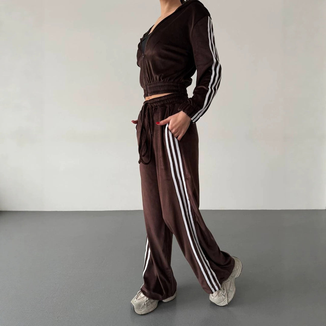 Damen Retro-Samt Trainingsanzug mit seitlichen Streifen, hochgeschnittener Bund und Reißverschluss Drune