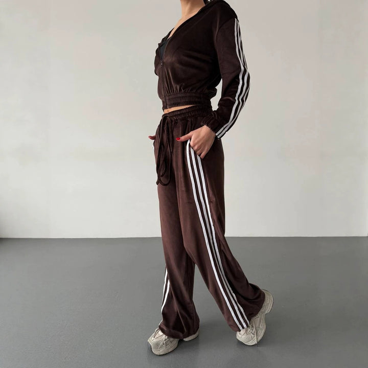 Damen Retro-Samt Trainingsanzug mit seitlichen Streifen, hochgeschnittener Bund und Reißverschluss Drune