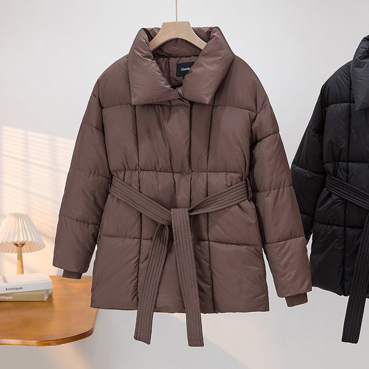 Damen Gekachelte Pufferjacke mit Taillengürtel und breitem Stehkragen Drune