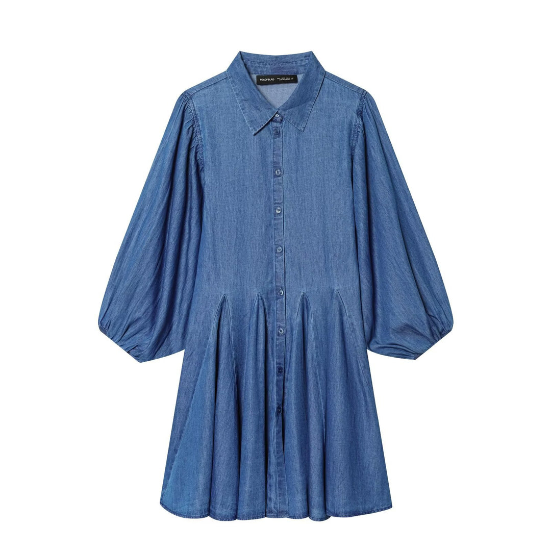 Damen Knielanges Hemdblusenkleid aus Denim mit Ballonärmeln und Faltenrock Drune