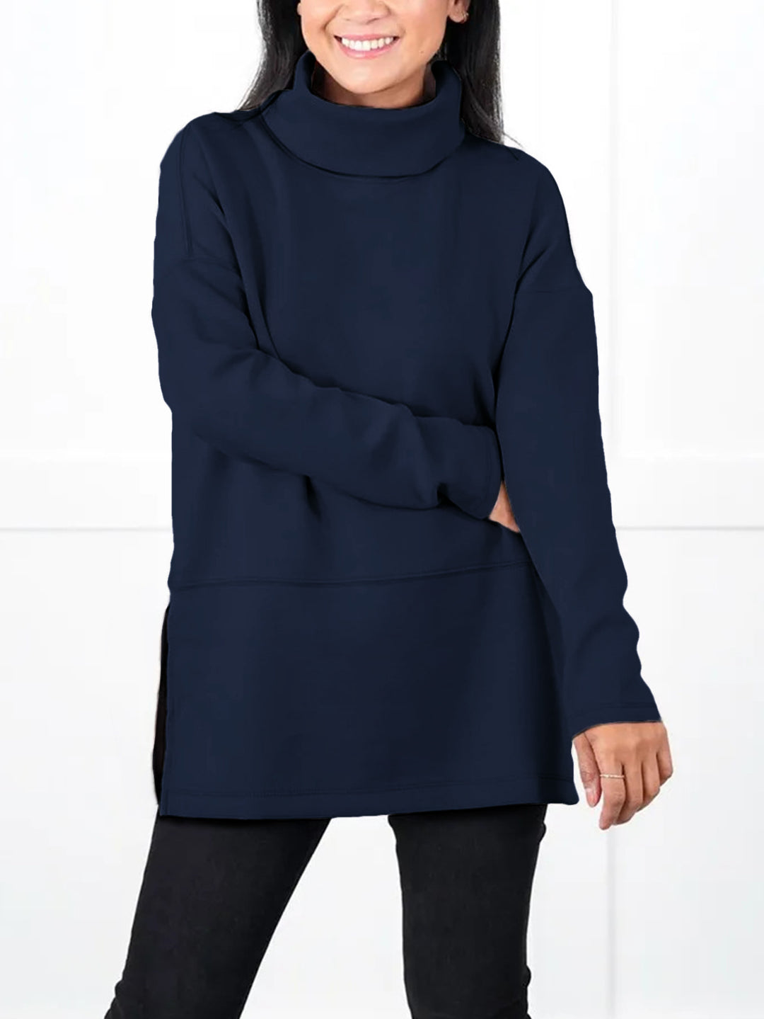 Damen Oversize Sweat-Tunika mit hohem Rollkragen, seitlichen Schlitzen und verlängertem Saum Drune