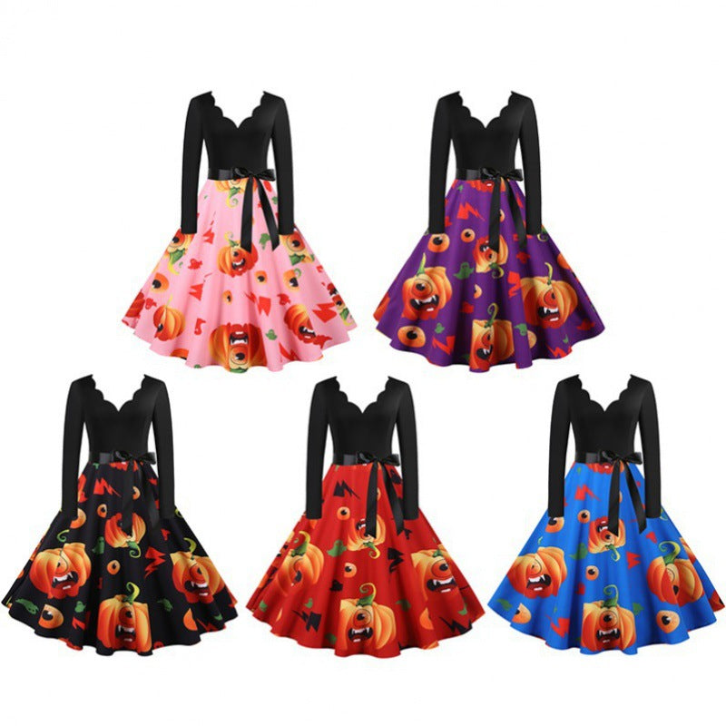 Damen Vintage Swing Kleid mit Halloween-Kürbis-Print und Taillengürtel Drune
