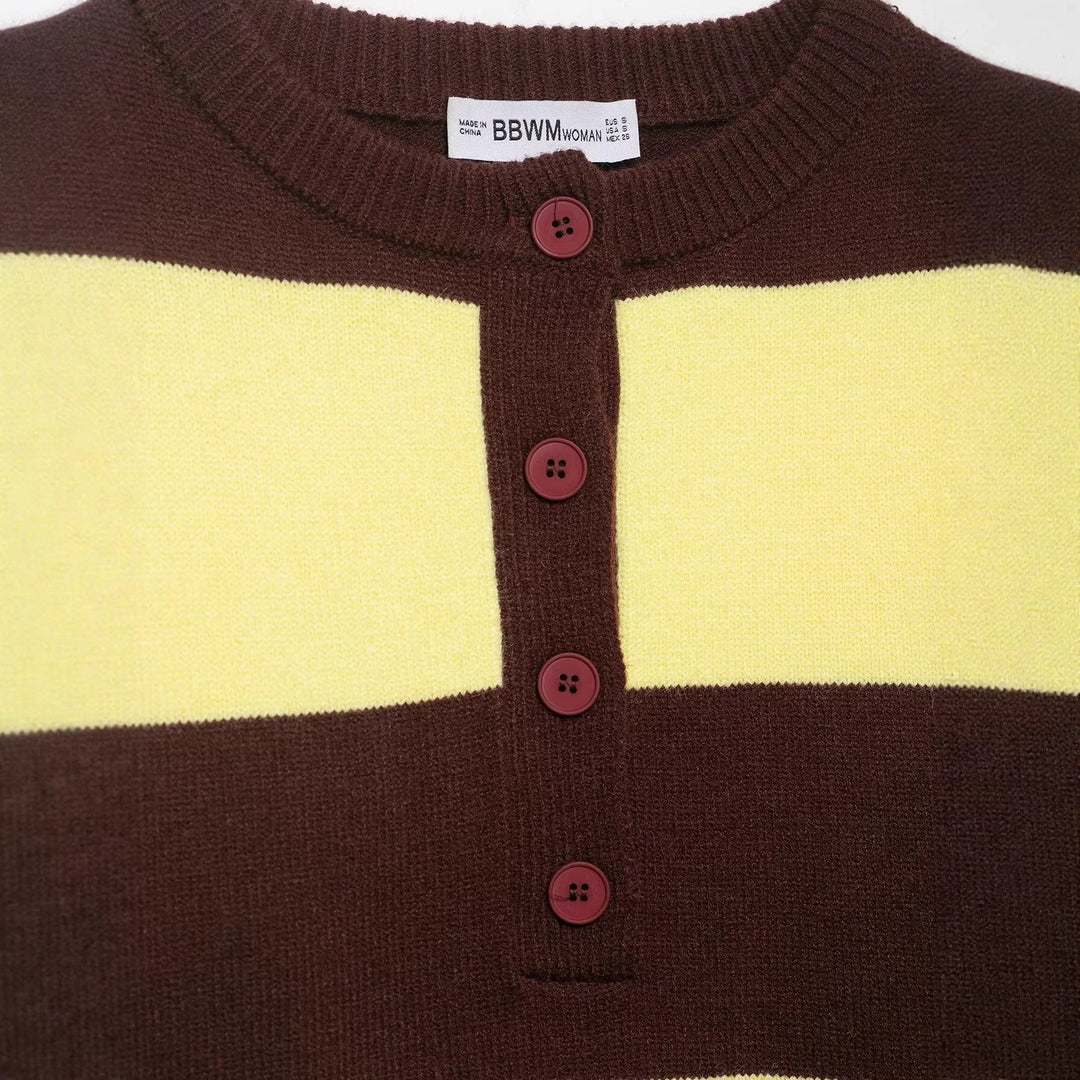 Damen Gestreifter Grobstrick-Pullover im Boxy-Cropped-Schnitt mit Henley-Knopfleiste Drune