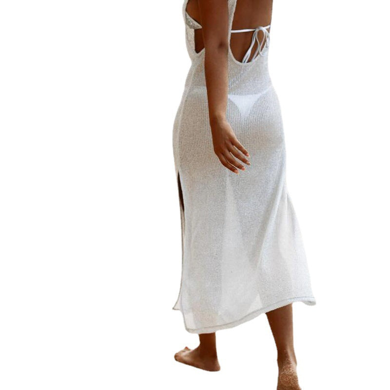 Damen luftiges Maxikleid mit transparentem Häkelmuster und seitlichen Schlitzen Drune