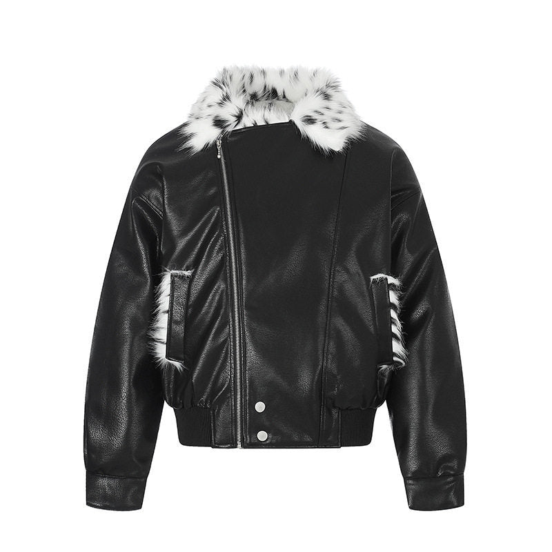 Damen Kunstleder-Bomberjacke mit asymmetrischem Reißverschluss und kontrastierendem Faux-Fur-Kragen Drune