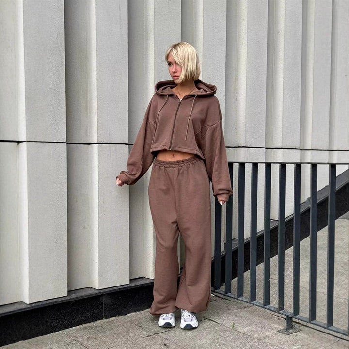 Damen cropped Kapuzenzipper mit Ballonärmeln und elastischem Saum Drune