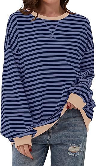 Damen Lässiges Oversize-Streifen-Sweatshirt mit Raglanärmeln und Kontrastbündchen Drune