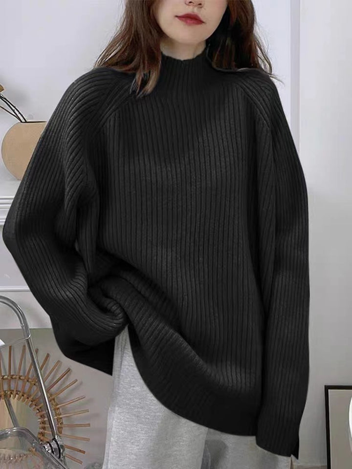 Damen lässiger Grobstrickpullover mit hochgeschlossenem Kragen und asymmetrischem Saum Drune