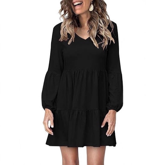 Damen Stufiges Mini-Kleid mit V-Ausschnitt und Ballonärmeln Drune