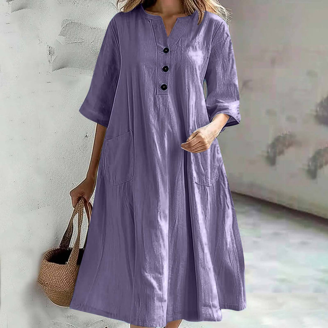 Damen nan locker fallendes A-Linien Kleid mit V-Ausschnitt-Knopfleiste, 3/4-Ärmeln und aufgesetzten Eingrifftaschen Drune