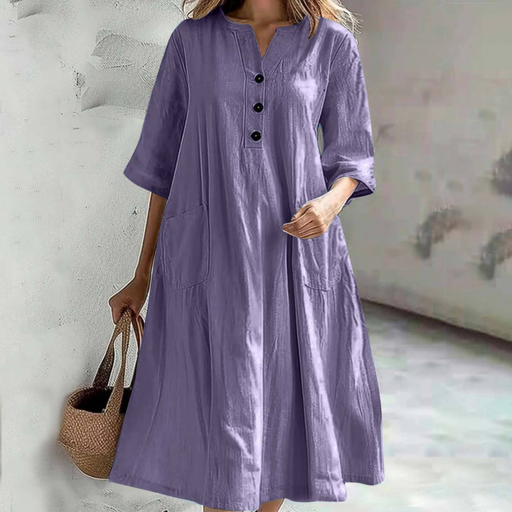 Damen nan locker fallendes A-Linien Kleid mit V-Ausschnitt-Knopfleiste, 3/4-Ärmeln und aufgesetzten Eingrifftaschen Drune