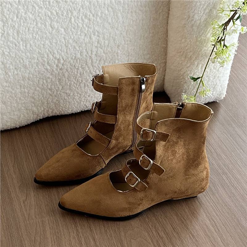 Damen spitz zulaufende Ankle-Boots mit Veloursoptik, vier verstellbaren Riemchen und niedrigem Absatz Drune