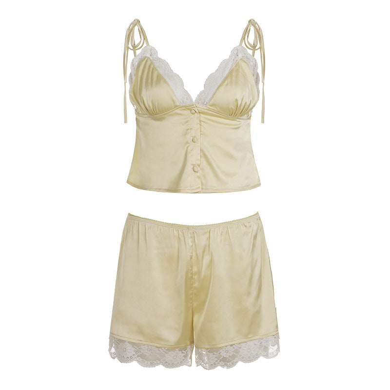 Damen Schlafanzug Set mit zarten Blumenmuster und feinen Rüschendetails Drune