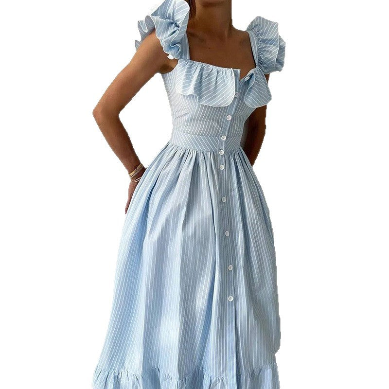 Damen Maxikleid mit Rüschendetails und Knopfleiste Drune
