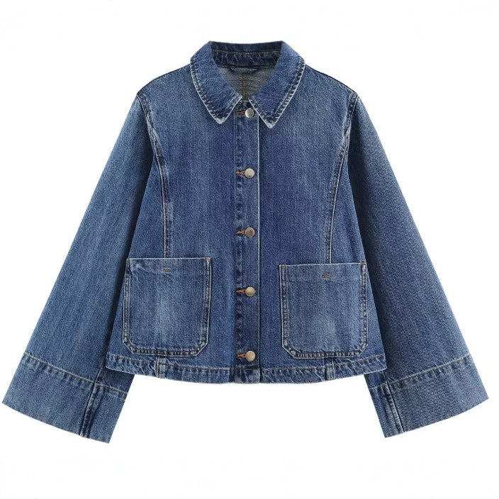 Damen Kurzer Boxy-Jeansblouson mit oversized Manschetten und aufgesetzten Taschen Drune