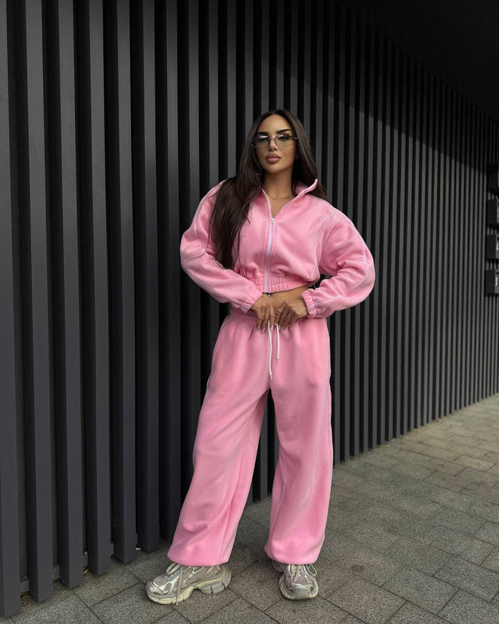 Damen Gekürztes Zip-Fleece-Set mit tailliertem Kordelbund und weitem Hosenbein Drune