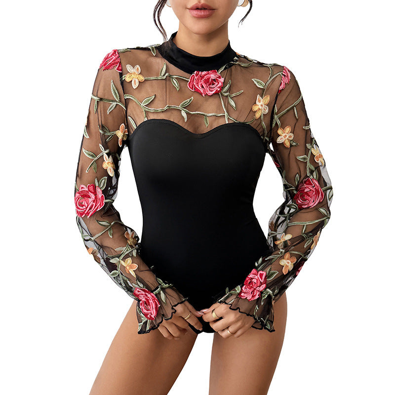 Damen Transparenter Mesh-Body mit floraler Stickerei, Stehkragen und Bustier-Optik Drune