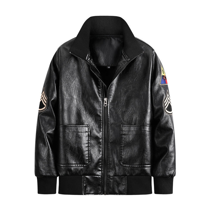 Herren Vintage-inspirierte Pilot-Bomberjacke aus Lederoptik mit gestickten Abzeichen und Rippbündchen Drune