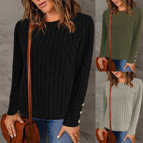 Damen Gerippter Feinstrickpullover mit Rundhalsausschnitt und Zierknopf‑Manschetten Drune