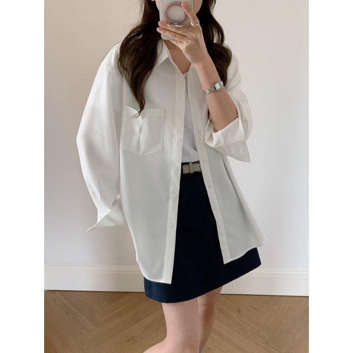 Damen Oversized Hemdbluse aus fließendem Material mit Brusttasche Drune