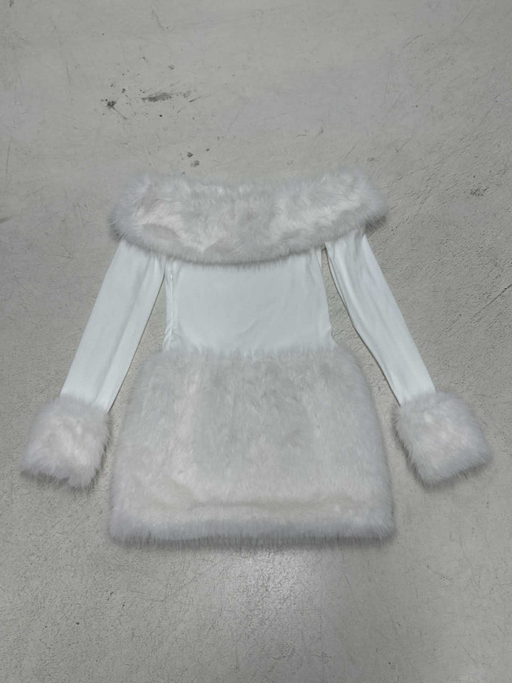 Damen nan figurbetontes Off-Shoulder Minikleid mit langen Ärmeln und luxuriösem Kunstfellbesatz Drune