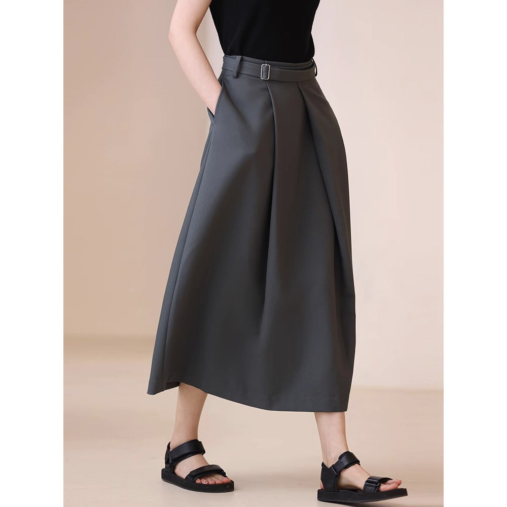 Damen Taillenhoher A-Linien Midirock mit präzisen Kellerfalten, breitem Taillenband & Eingrifftaschen Drune