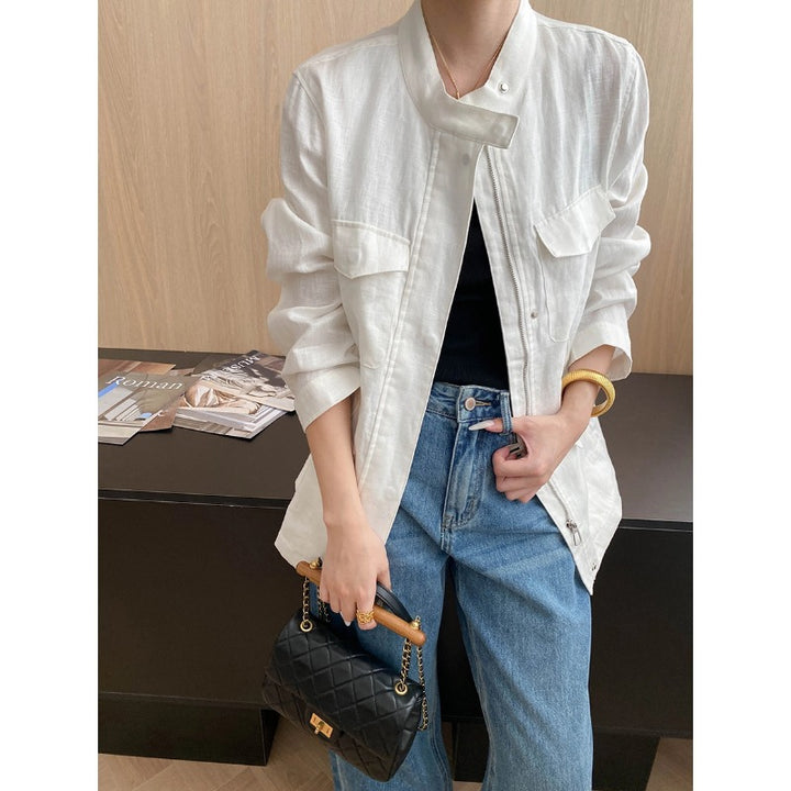 Damen lässige Utility-Jacke mit hohen Taschen und runder Nahtverarbeitung Drune