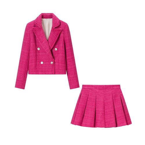 Damen Zweiteiliges Tweed-Set mit Kurzblazer und Plissiertem Minirock Drune