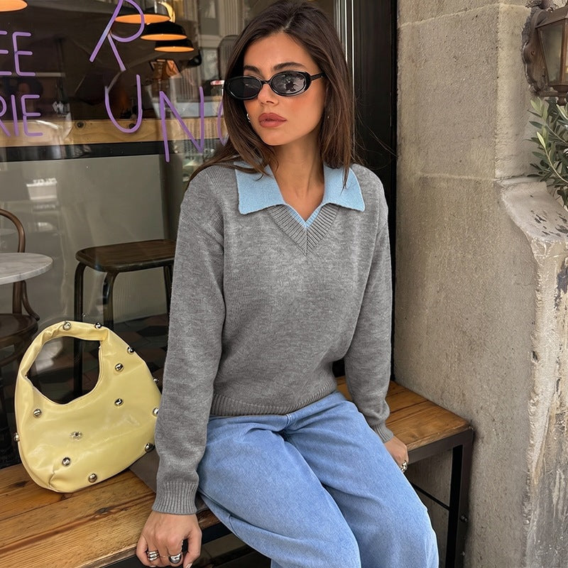 Damen Eleganter V-Ausschnitt Pullover mit Hemdkragen Drune