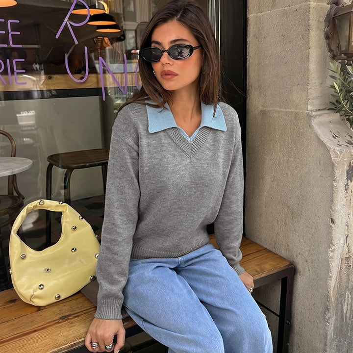 Damen Eleganter V-Ausschnitt Pullover mit Hemdkragen Drune