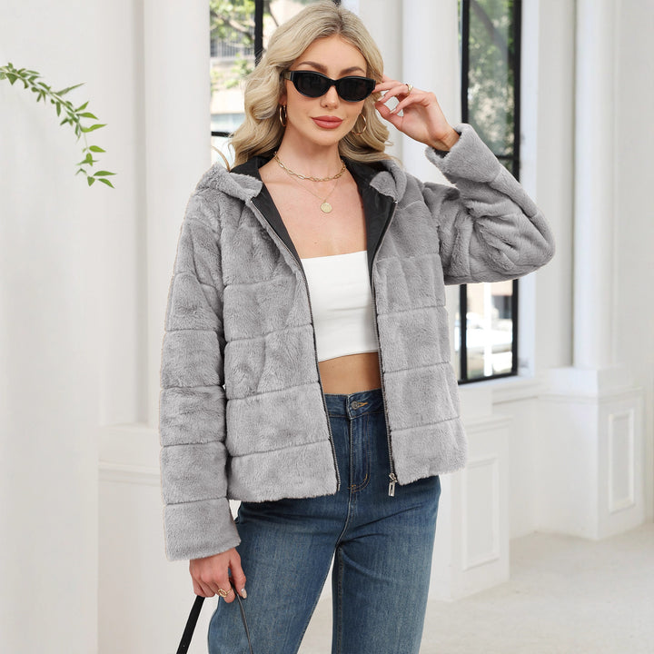 Damen Kuschelige Oversized-Fleecejacke mit Reißverschluss und Kapuze Drune