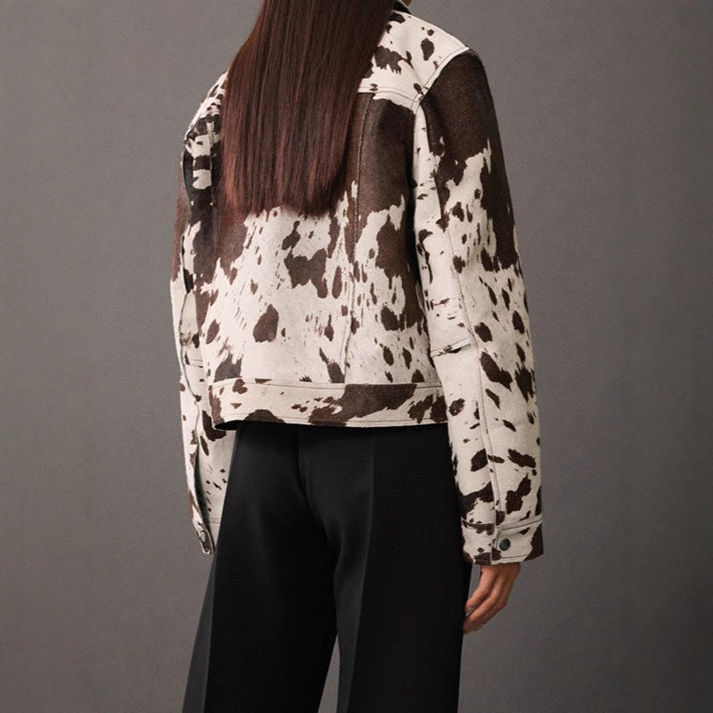 Damen modische Lammfelljacke mit auffälligem Tiermotiv Drune
