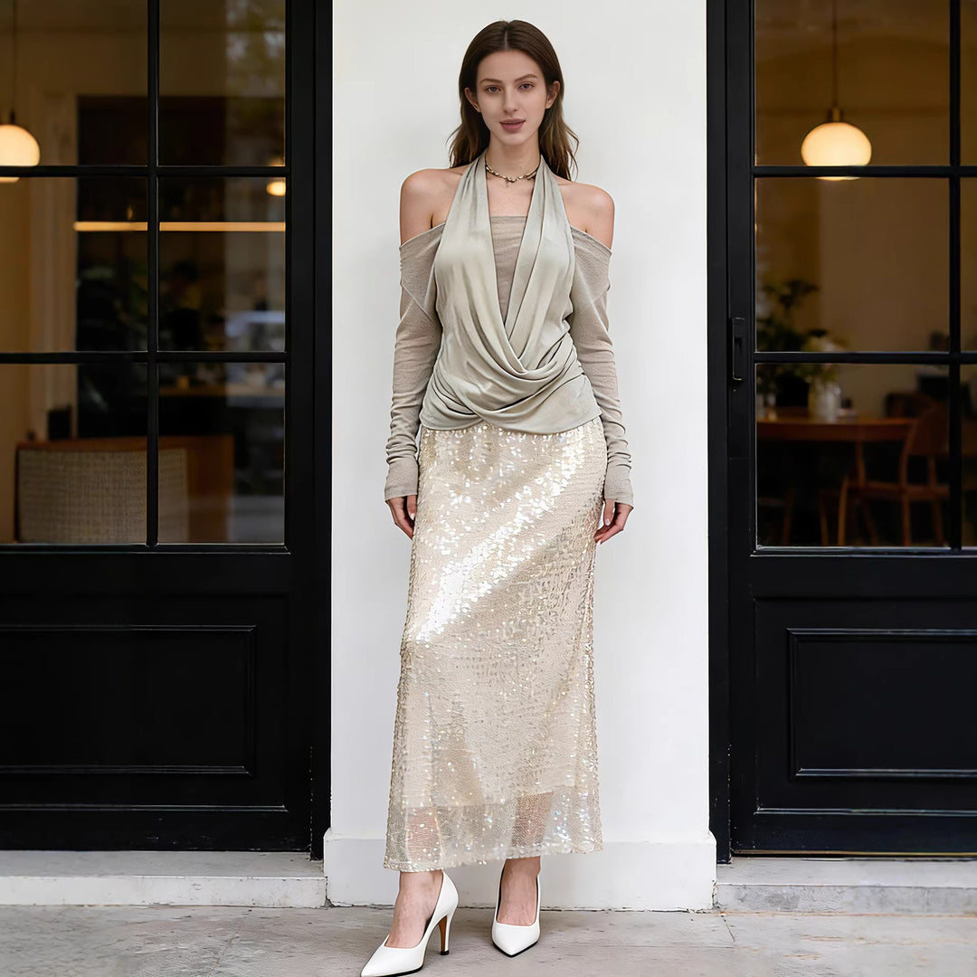 Damen Taillierter Pailletten‑Maxi‑Rock mit Stretchbund und Meerjungfrau‑Silhouette Drune