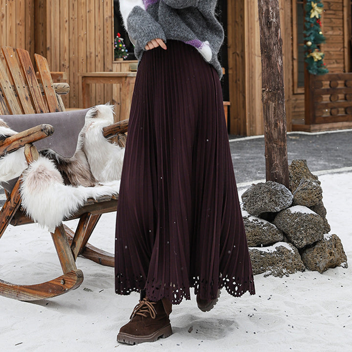 Damen nan plissierter Midirock mit feinem Plissee, elastischem Taillenbund und floraler Lasercut-Saum Drune