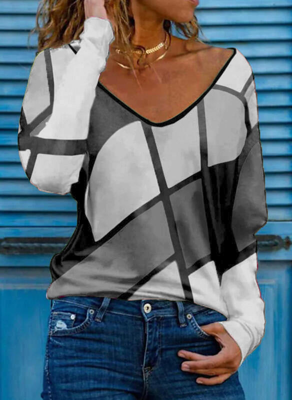 Damen Loose V-Ausschnitt Langarmshirt mit geometrischem Blockdruck und Oversized Passform Drune