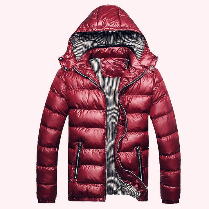 Herren Glänzende gesteppte Kapuzenjacke mit Thermo-Polsterung und gestreiftem Innenfutter Drune