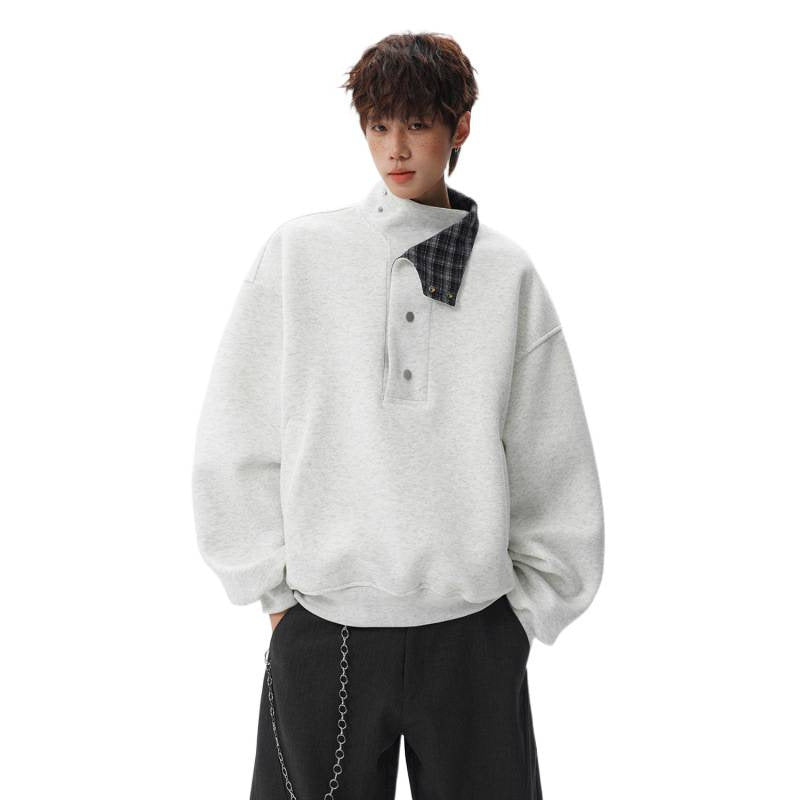 Unisex Oversized Sweatshirt mit abnehmbarem Karo-Kragen und Druckknopfleiste Drune