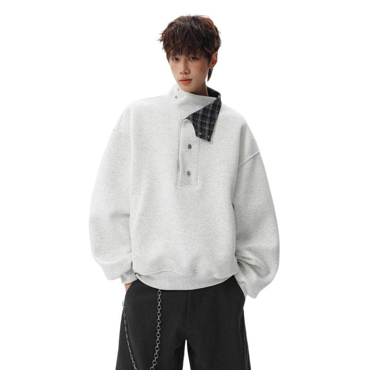 Unisex Oversized Sweatshirt mit abnehmbarem Karo-Kragen und Druckknopfleiste Drune