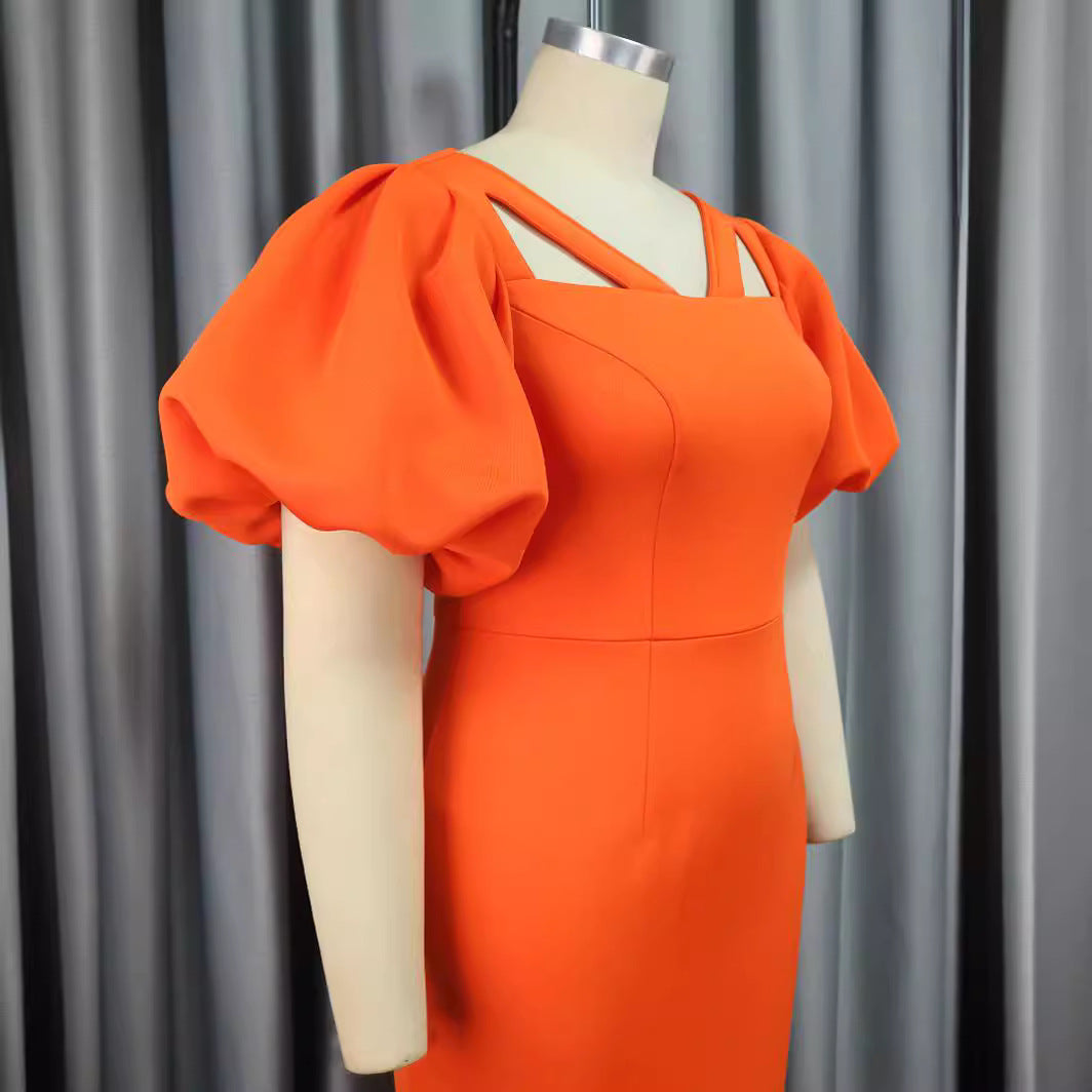 Damen Figurbetontes Kleid mit voluminösen Puffärmeln und innovativem Ausschnitt Drune