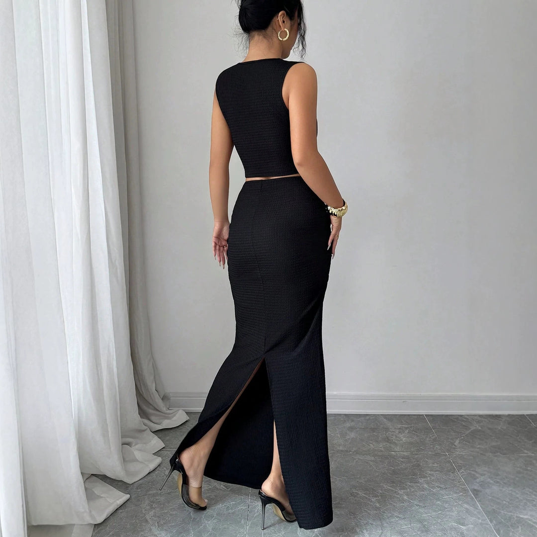 Damen nan zweiteiliges tailliertes Set mit asymmetrischem Cut-Out Crop-Top und figurbetontem Maxi-Bleistiftrock Drune