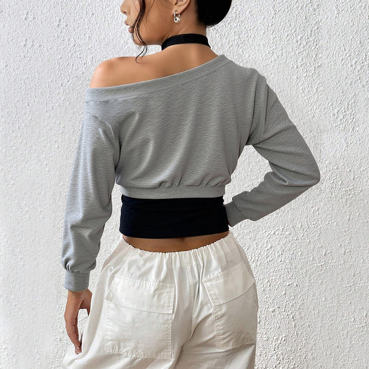 Damen cropped Sweatshirt mit weitem Carmen‑Ausschnitt, ballonärmeln und gerafftem Bund Drune