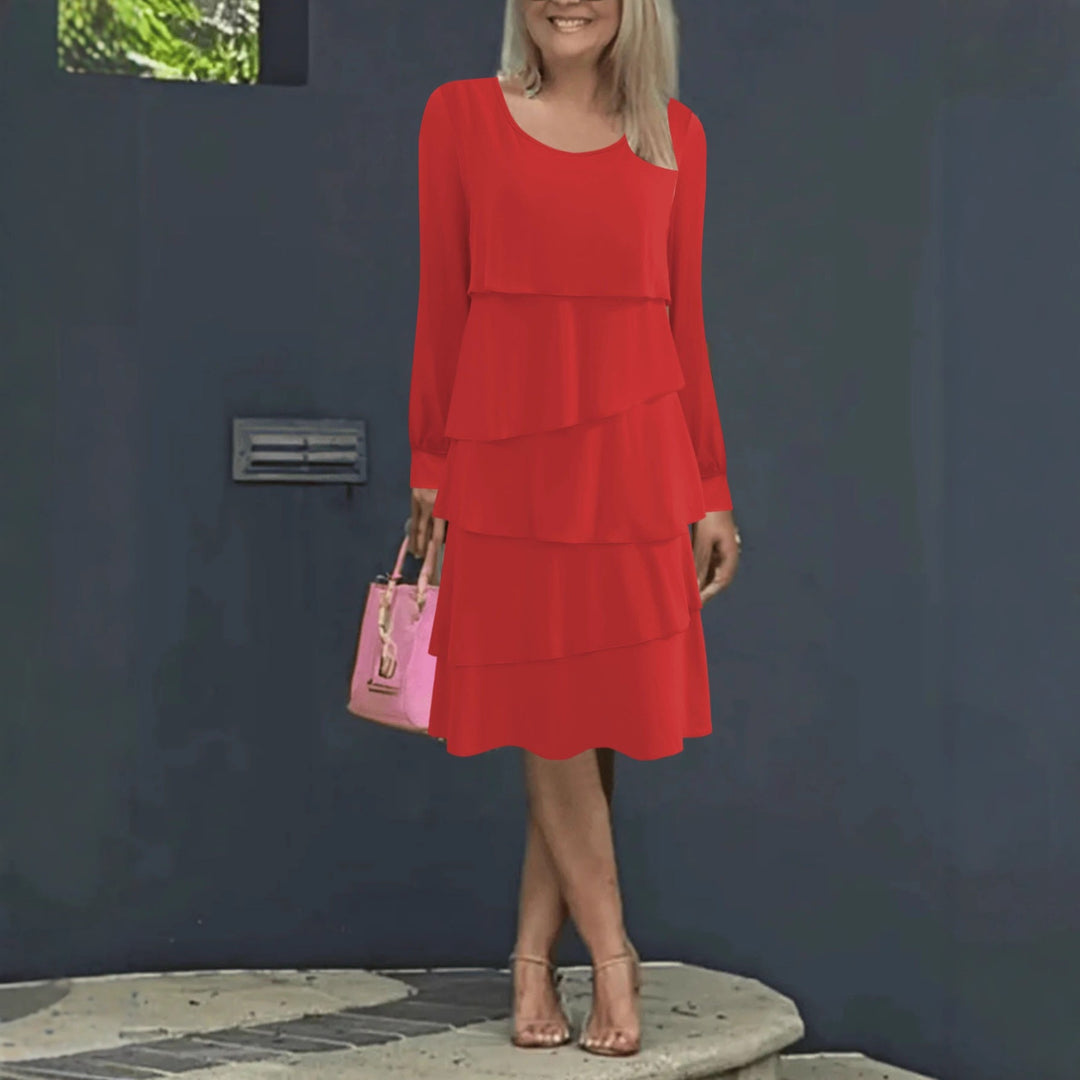 Damen Stufenkleid mit Lagenrock, Rundhalsausschnitt und Ballonärmeln Drune