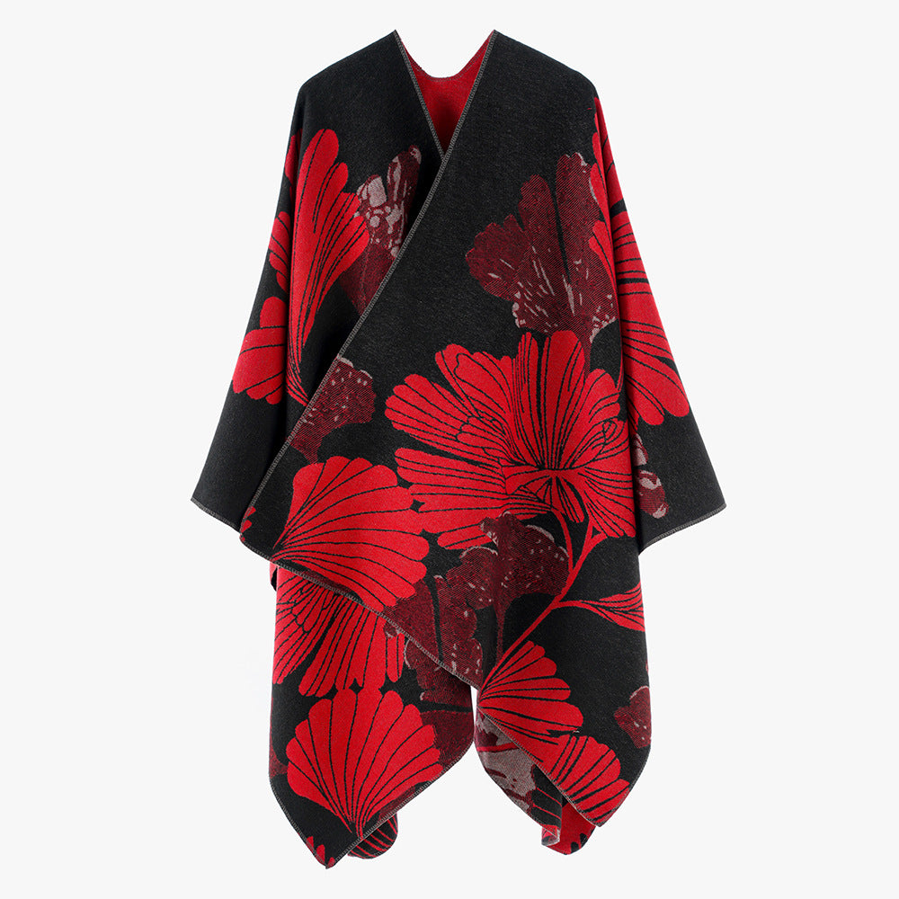 Damen Jacquard‑Capeponcho mit großflächigem Blatt‑Jacquard und offenem Wickelschnitt Drune
