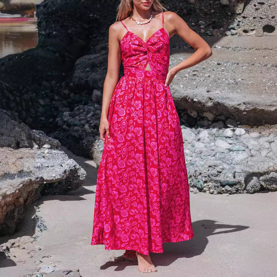 Damen Maxikleid mit raffiniertem Knotendetail und floralen Designelementen Drune